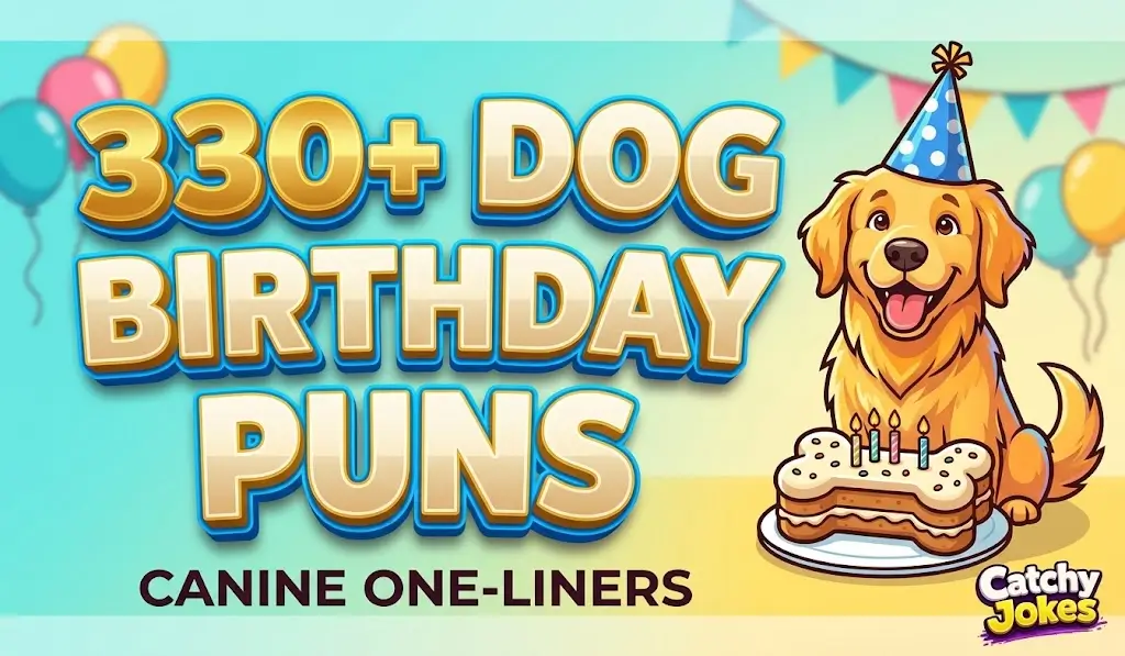 3D text "330+ Dog Birthday Puns" next to a cartoon dog wearing a party hat with a bone cake.
