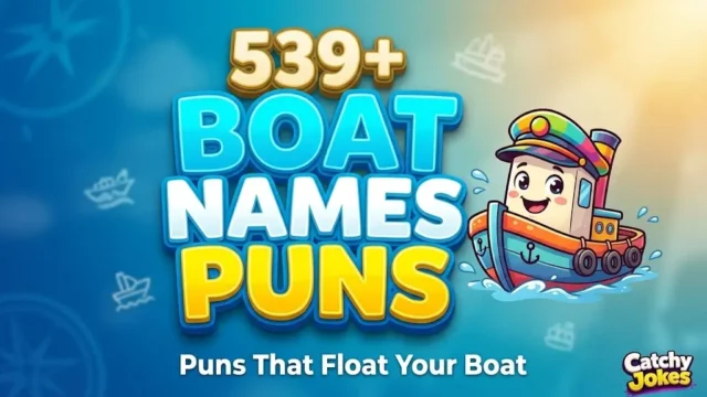 Colorful illustration with chunky 3D text reading "BOAT NAMES PUNS" next to a smiling cartoon tugboat, on aqua blue water background.