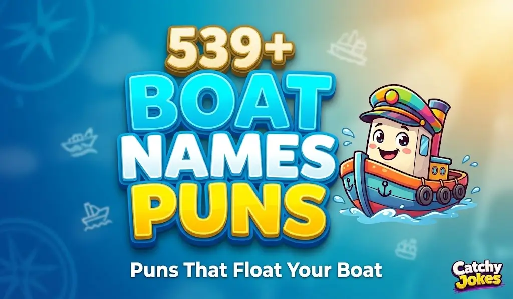 Colorful illustration with chunky 3D text reading "BOAT NAMES PUNS" next to a smiling cartoon tugboat, on aqua blue water background.