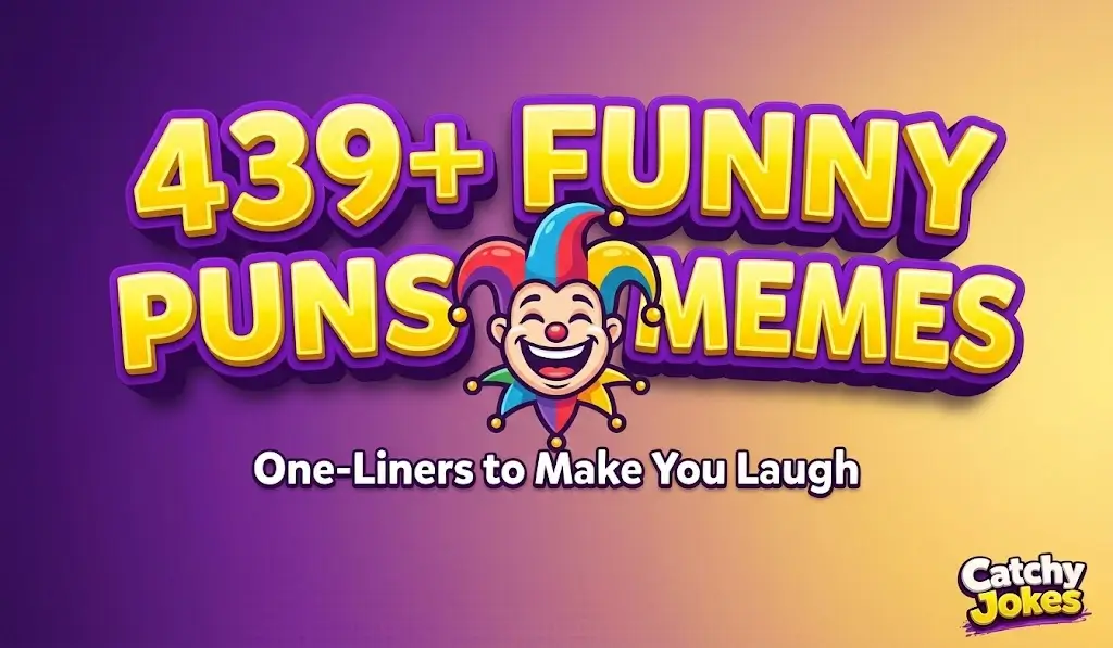 Bold 3D typography '439+ Funny Puns Memes' next to a cheerful cartoon jester mascot on a purple background.