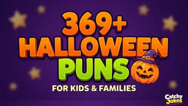 Bold 3D typography reading 369+ Halloween Puns next to a friendly cartoon pumpkin mascot on a purple background