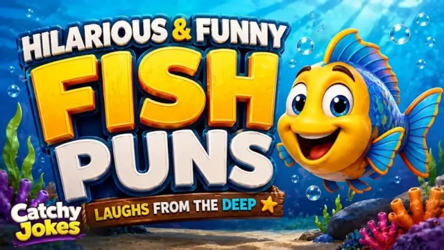 3D cartoon yellow and blue fish underwater next to bold text reading Hilarious and Funny Fish Puns, Laughs from the Deep.