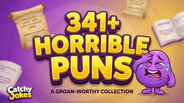 3D typography reads '341+ Horrible Puns' next to a groan-worthy cartoon character on a purple gradient background.