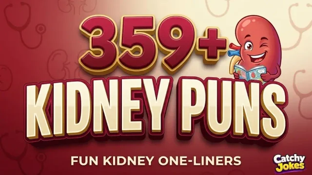 Bold 3D typography '359+ Kidney Puns' next to a smiling cartoon kidney character on a deep red gradient.