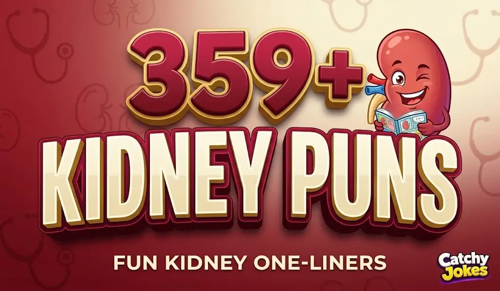 Bold 3D typography '359+ Kidney Puns' next to a smiling cartoon kidney character on a deep red gradient.