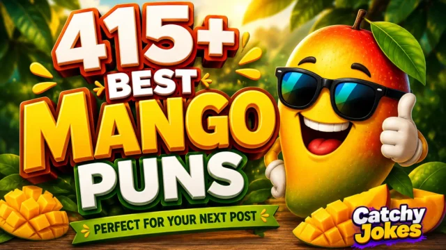Mango puns thumbnail with a fun mango character and bold 3D typography