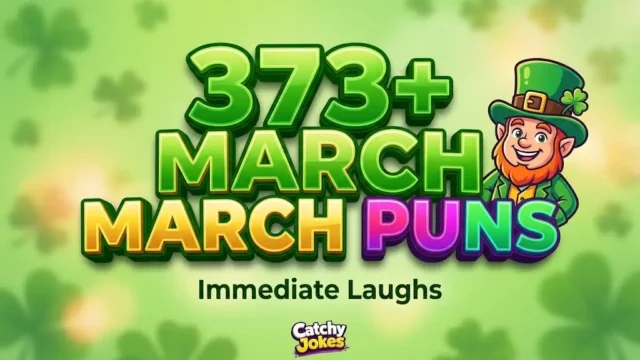 Bold 3D typography "373+ MARCH PUNS" and a stylized cartoon leprechaun mascot on a spring background.
