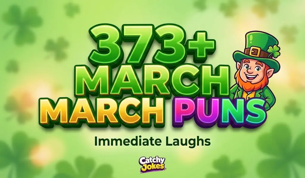 Bold 3D typography "373+ MARCH PUNS" and a stylized cartoon leprechaun mascot on a spring background.
