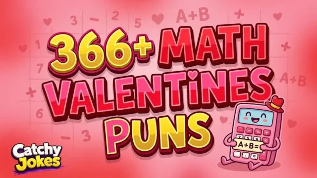 366+ chunky 3D text for Math Valentines Puns with a cute cartoon calculator mascot and heart background.