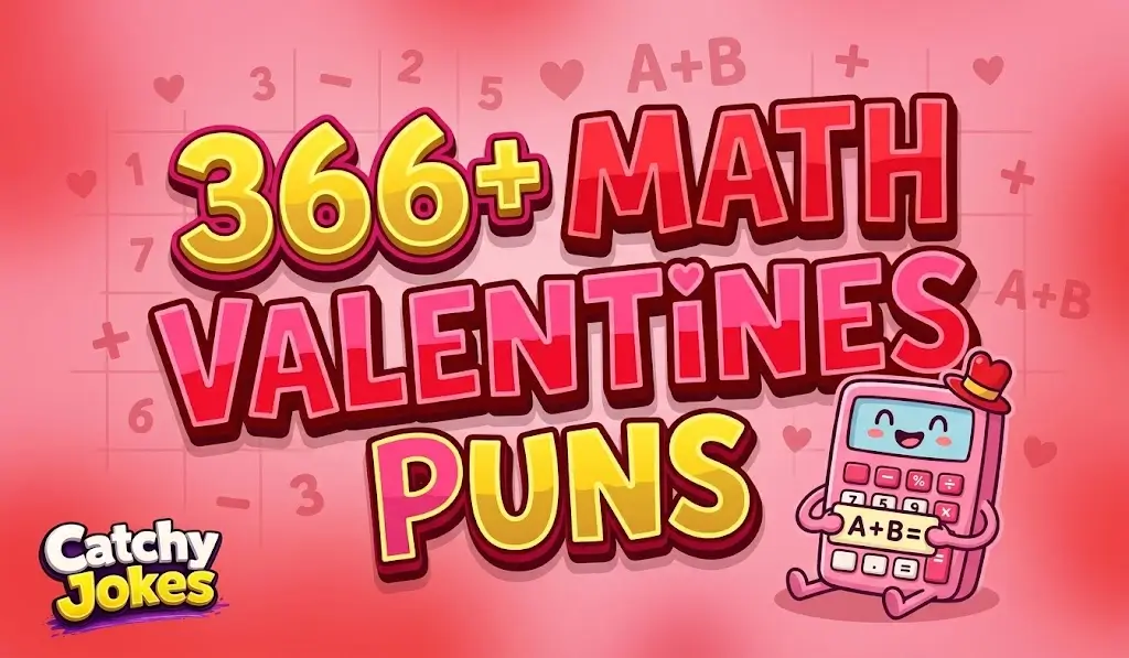 366+ chunky 3D text for Math Valentines Puns with a cute cartoon calculator mascot and heart background.