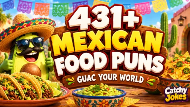 Mexican food puns thumbnail with tacos, guacamole, and colorful Mexican food illustrations