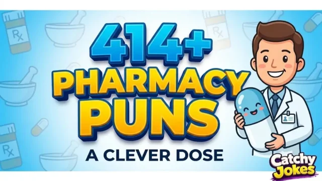 Cartoon pharmacist mascot holding a giant pill next to large text that reads 414+ Pharmacy Puns.