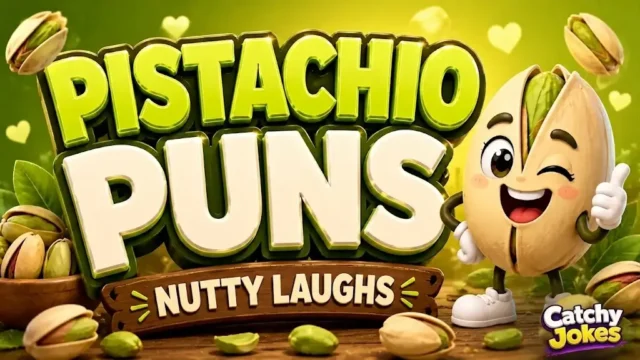 Pistachio puns thumbnail featuring a cute winking cartoon pistachio nut giving a thumbs up with a Catchy Jokes watermark.