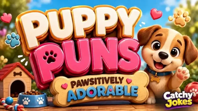 A cute smiling puppy waves its paw next to large 3D '#PUPPY PUNS' text and a bone-shaped sign reading 'PAWSITIVELY ADORABLE'. A Catchy Jokes watermark is in the bottom corner.