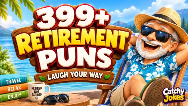 Retirement puns thumbnail with a cheerful retiree enjoying a colorful vacation scene