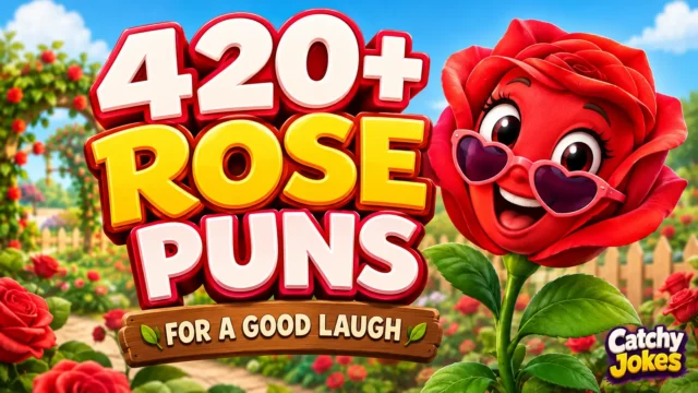 420+ rose puns thumbnail with a smiling rose and colorful garden background
