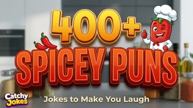 Bold 3D typography reading 400+ Spice Puns next to a cartoon chili pepper chef mascot on a blurred kitchen background