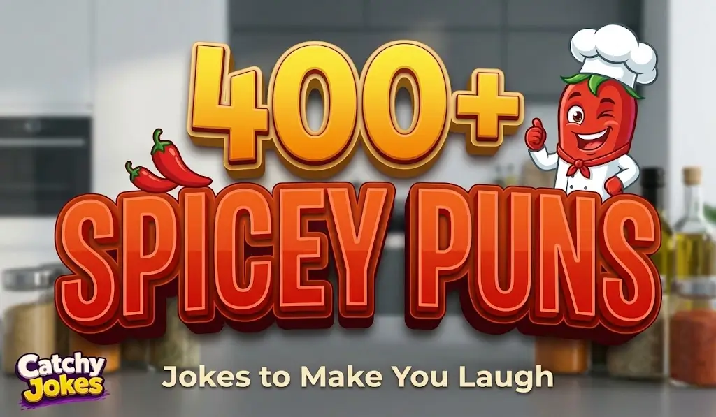 Bold 3D typography reading 400+ Spice Puns next to a cartoon chili pepper chef mascot on a blurred kitchen background