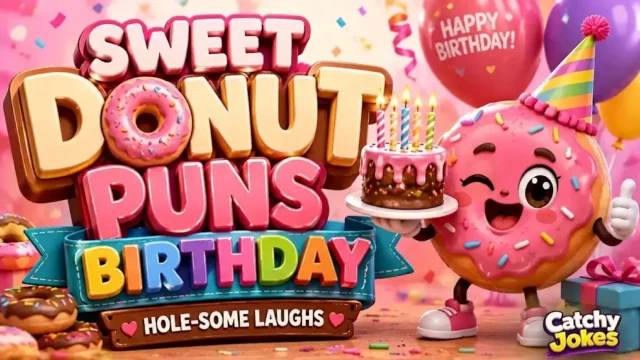 Bright cartoon graphic for 'Sweet Donut Puns Birthday,' featuring a smiling donut character holding a cake, surrounding treats, and balloons.