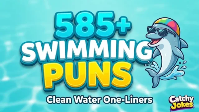 Large 3D text "585+ SWIMMING PUNS" next to a smiling cartoon dolphin mascot wearing sunglasses.