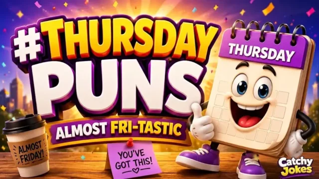Thursday puns thumbnail featuring a cartoon calendar character giving a thumbs up with an Almost Friday coffee cup and Catchy Jokes logo.