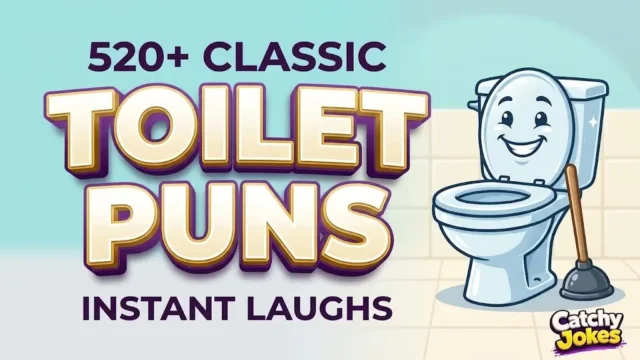 Massive 3D text "520+ Toilet Puns" next to a smiling cartoon toilet and plunger.
