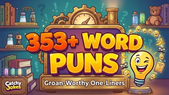 A steampunk workshop illustration with large text "353+ WORD PUNS" and a winking lightbulb mascot.TITLE: 353+ Word Puns and Groan-Worthy One-Liners Steampunk Illustration