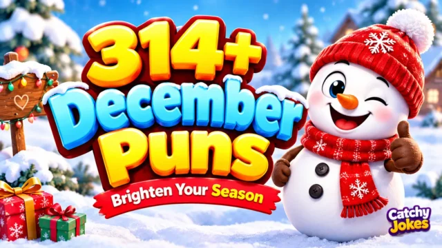 314+ December puns in bold 3D text with a cheerful snowman, snowy scenery, and Catchy Jokes branding.