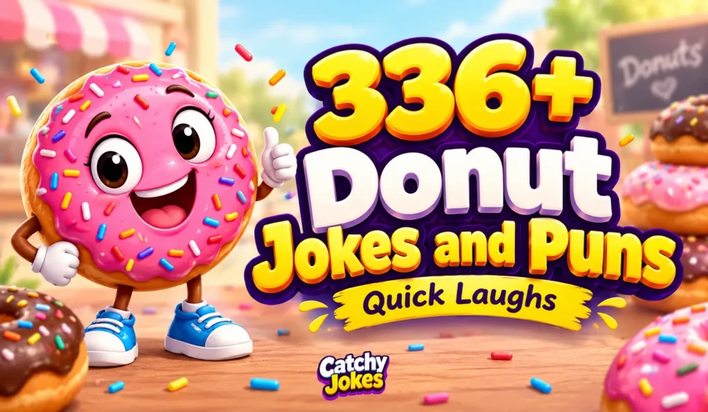 336+ donut jokes and puns thumbnail with a smiling pink frosted donut mascot and bold 3D text.
