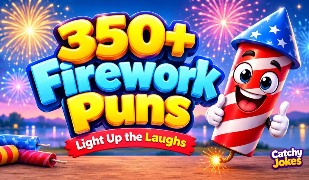 350+ firework puns in bold 3D text with a cheerful cartoon rocket and colorful fireworks.