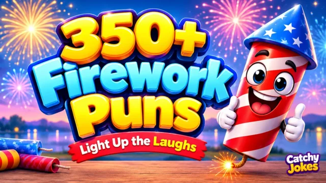 350+ firework puns in bold 3D text with a cheerful cartoon rocket and colorful fireworks.