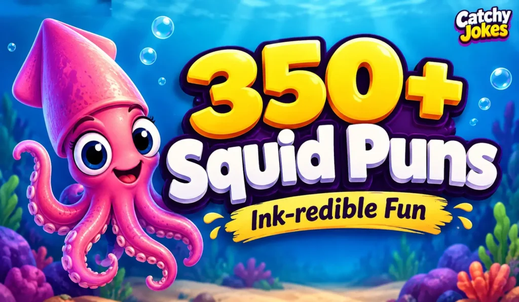 350+ squid puns thumbnail with a smiling pink cartoon squid and bold 3D text underwater.