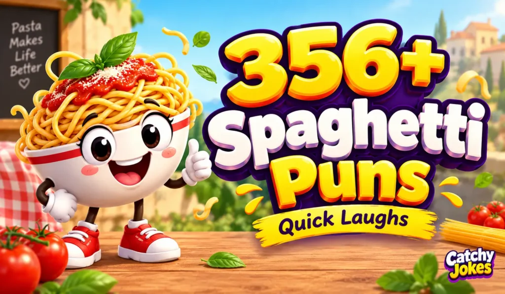 356+ spaghetti puns thumbnail with a smiling cartoon spaghetti bowl and bold colorful text.