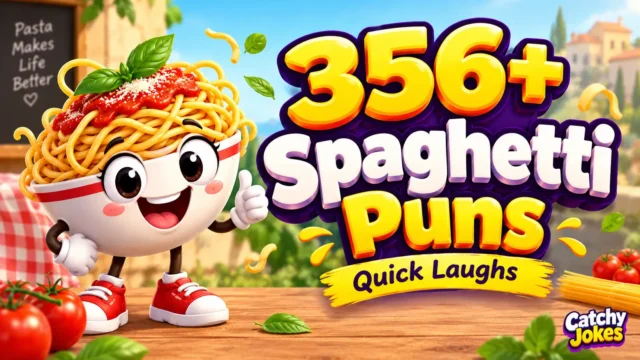 356+ spaghetti puns thumbnail with a smiling cartoon spaghetti bowl and bold colorful text.