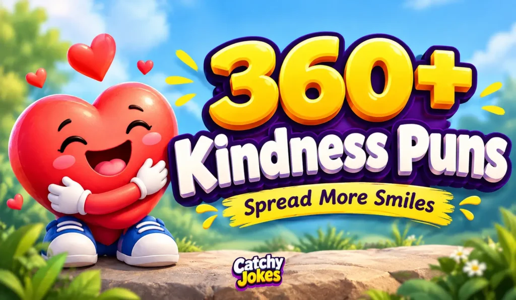 360+ kindness puns thumbnail with a smiling red heart character and bold 3D text on a sunny background.