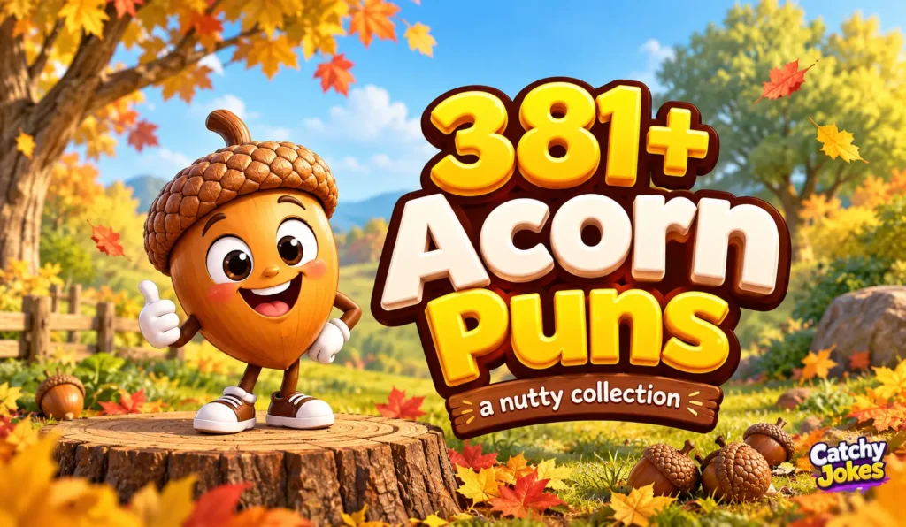 381+ acorn puns thumbnail with a cheerful 3D cartoon acorn mascot and Catchy Jokes watermark.