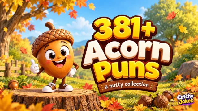 381+ acorn puns thumbnail with a cheerful 3D cartoon acorn mascot and Catchy Jokes watermark.