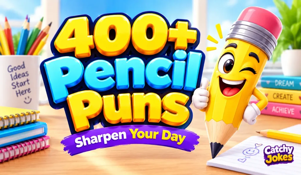 400+ pencil puns in bold 3D text with a cheerful yellow pencil mascot and Catchy Jokes branding.