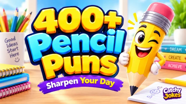 400+ pencil puns in bold 3D text with a cheerful yellow pencil mascot and Catchy Jokes branding.