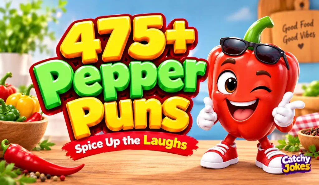 475+ pepper puns in bold 3D text with a cheerful red pepper cartoon mascot.