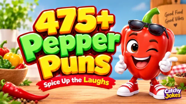475+ pepper puns in bold 3D text with a cheerful red pepper cartoon mascot.