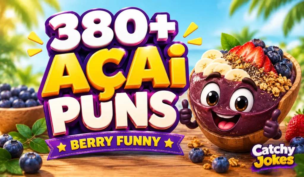 Acai puns thumbnail featuring 380+ acai puns text and a cheerful cartoon acai bowl with berries.