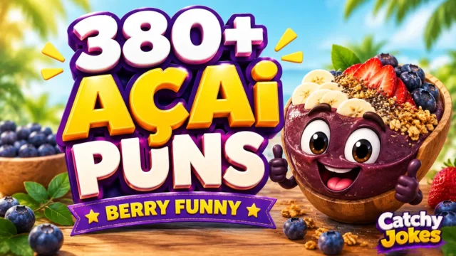 Acai puns thumbnail featuring 380+ acai puns text and a cheerful cartoon acai bowl with berries.
