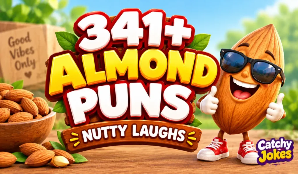 Almond puns thumbnail with bold 3D lettering and a smiling cartoon almond wearing sunglasses.