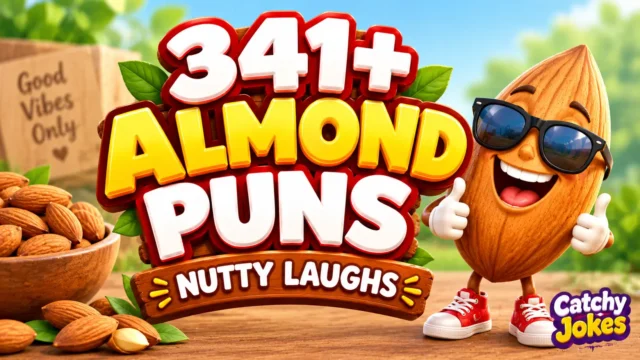 Almond puns thumbnail with bold 3D lettering and a smiling cartoon almond wearing sunglasses.