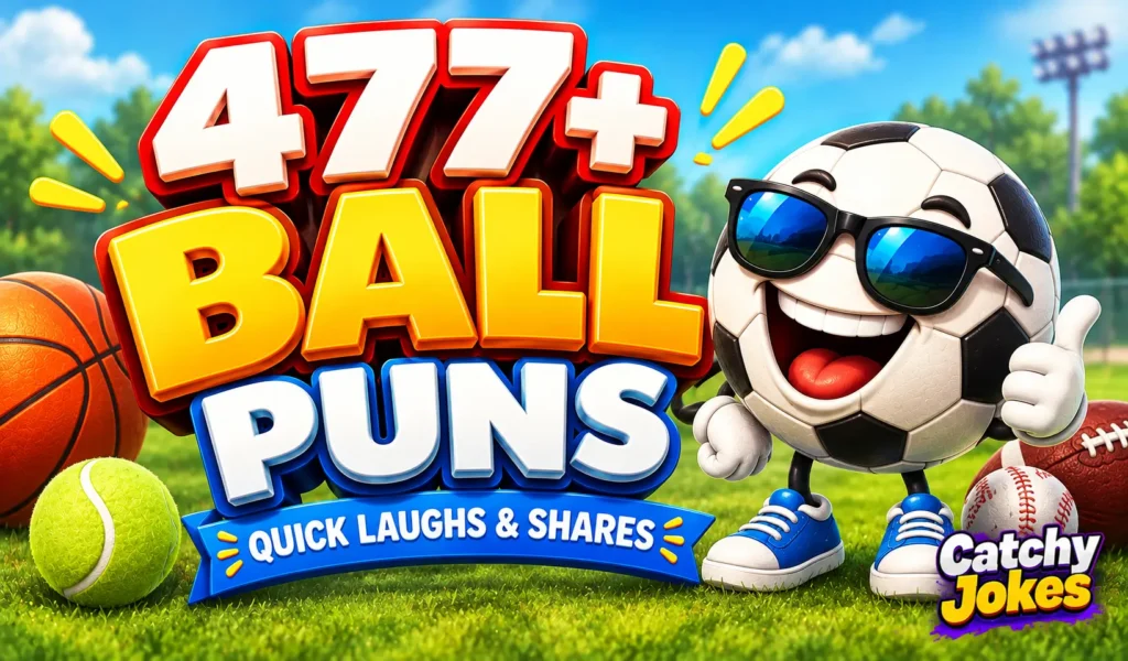 Ball puns thumbnail with a smiling cartoon soccer ball and colorful sports balls.