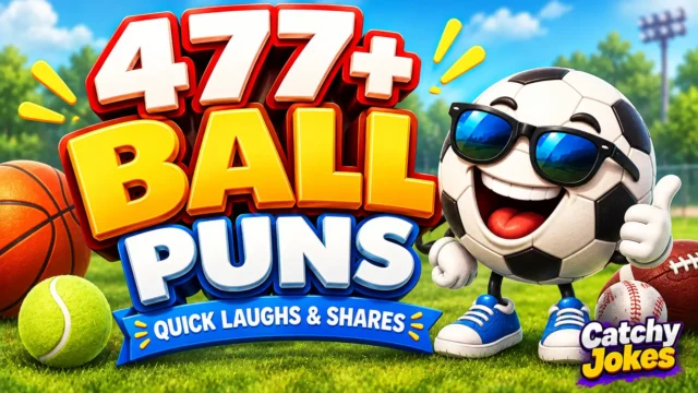Ball puns thumbnail with a smiling cartoon soccer ball and colorful sports balls.