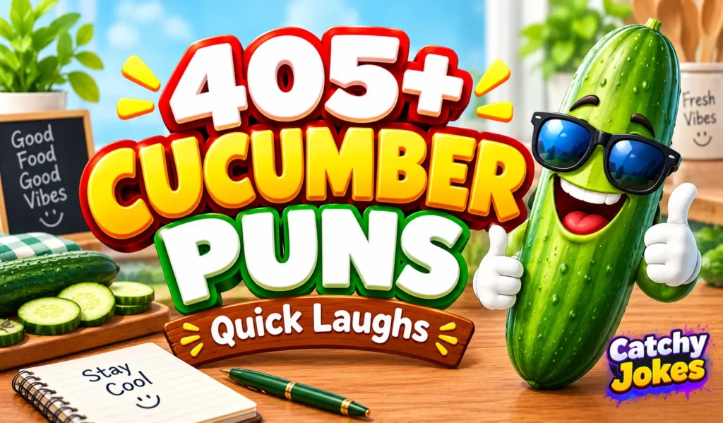 Cucumber puns thumbnail featuring a smiling cartoon cucumber wearing sunglasses beside bold 3D text.