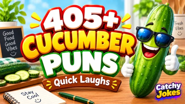 Cucumber puns thumbnail featuring a smiling cartoon cucumber wearing sunglasses beside bold 3D text.