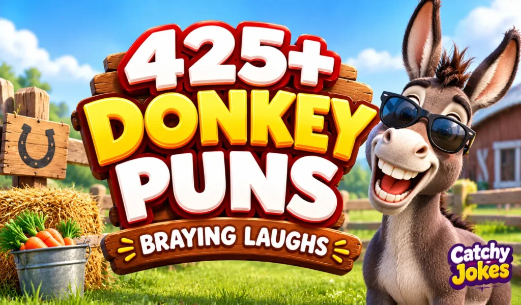 Funny donkey puns thumbnail featuring a smiling cartoon donkey and bold 3D lettering.